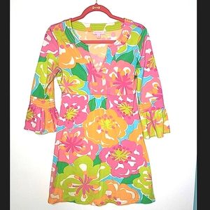 LILLY PULITZER PETUNIA PARADISE SILK BLEND FLORAL COLORFUL RESORT DRESS SZ SMALL